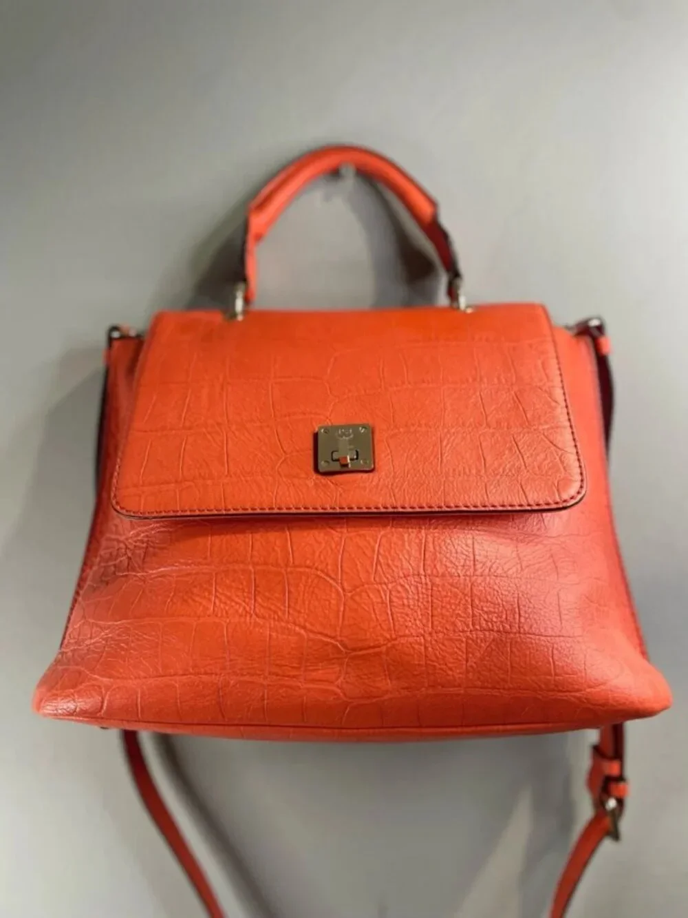 MCM Orange Croc-Embossed Leather Top Handle Satchel